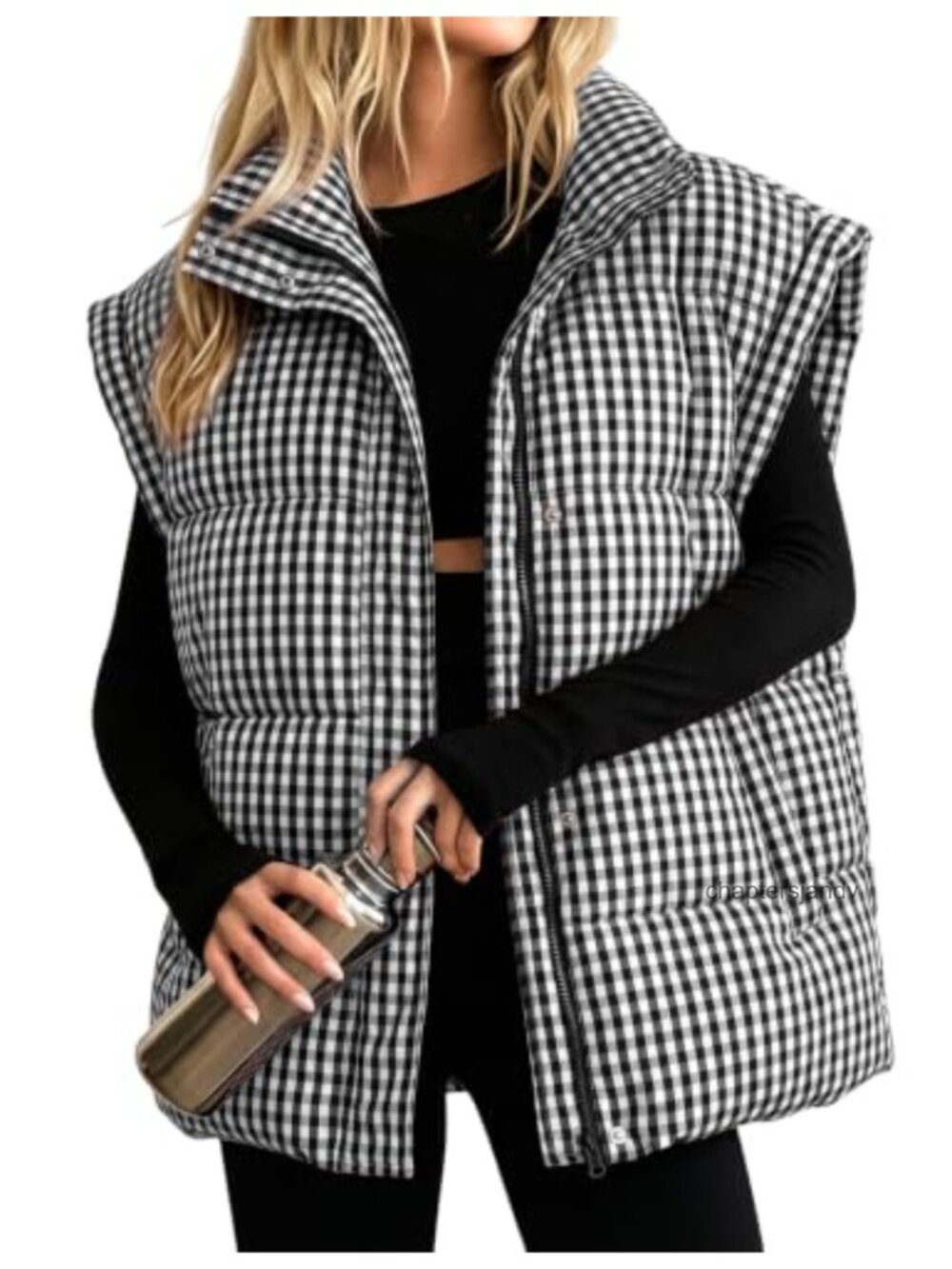 Oversized Gingham Quilted Puffer Vest Sleeveless Zip Jacket
